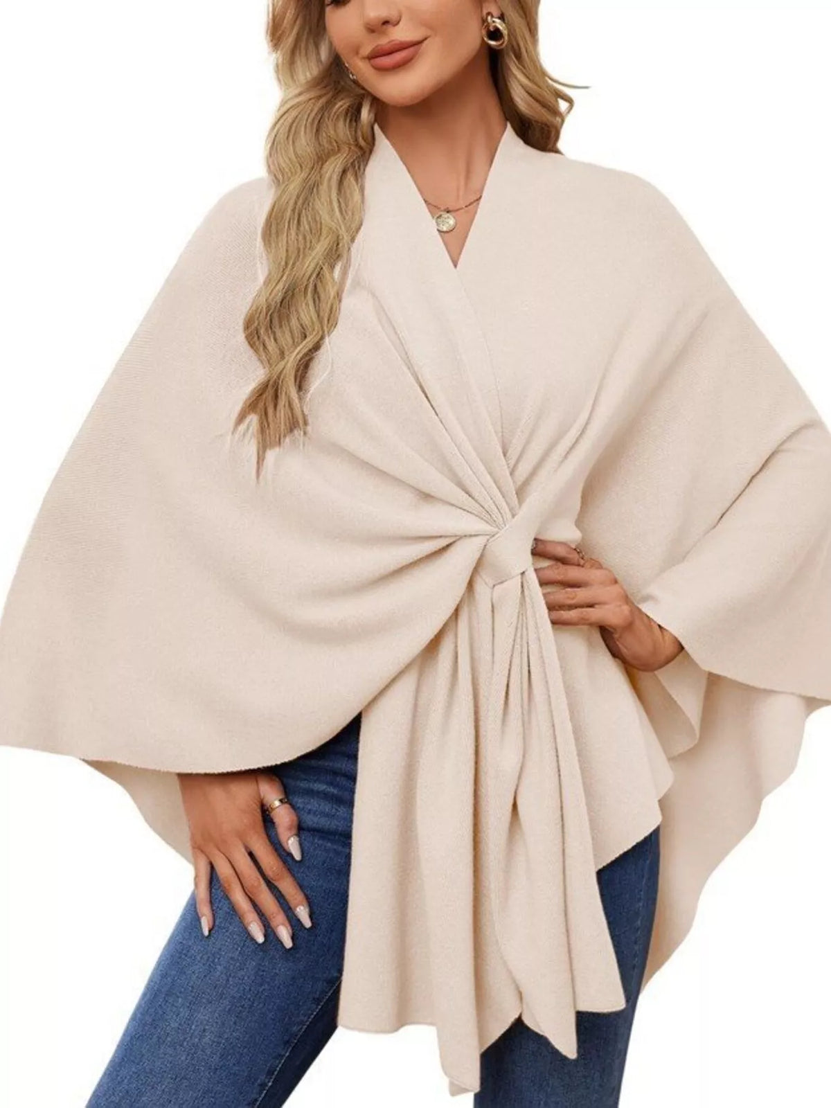 Solid Color Tie-Front Knit Cape Top