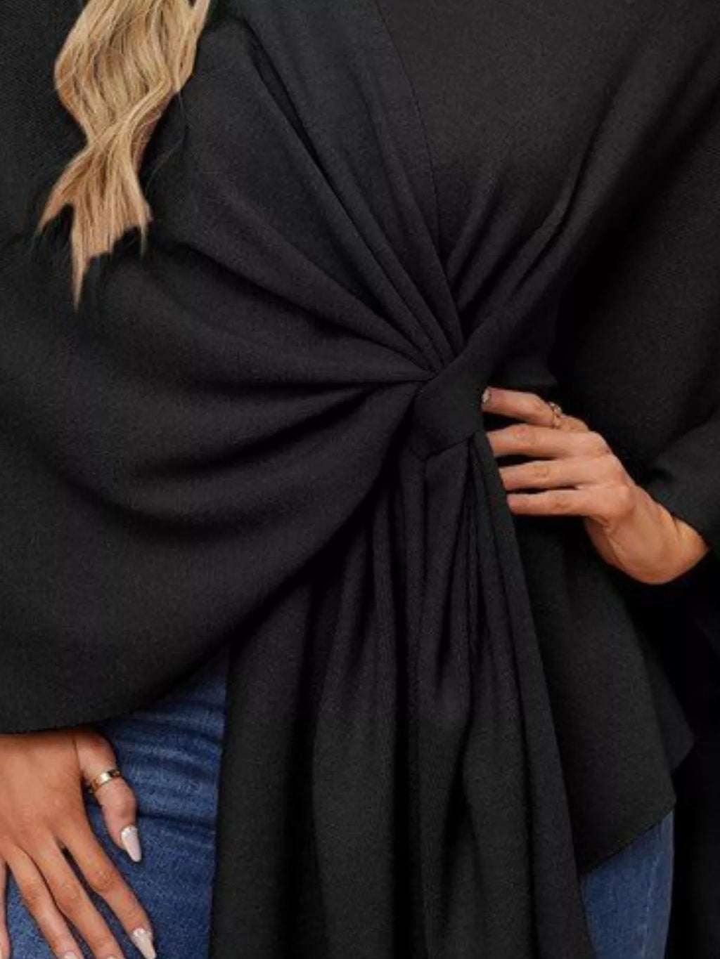 Solid Color Tie-Front Knit Cape Top