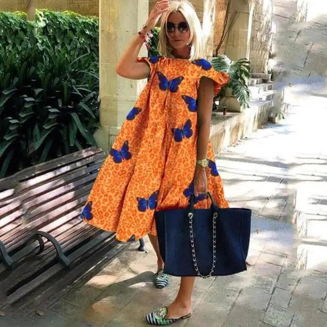 Women Retro Loose Casual Round Neck Short Sleeve Dress - Cute Fashion Dresses For Women