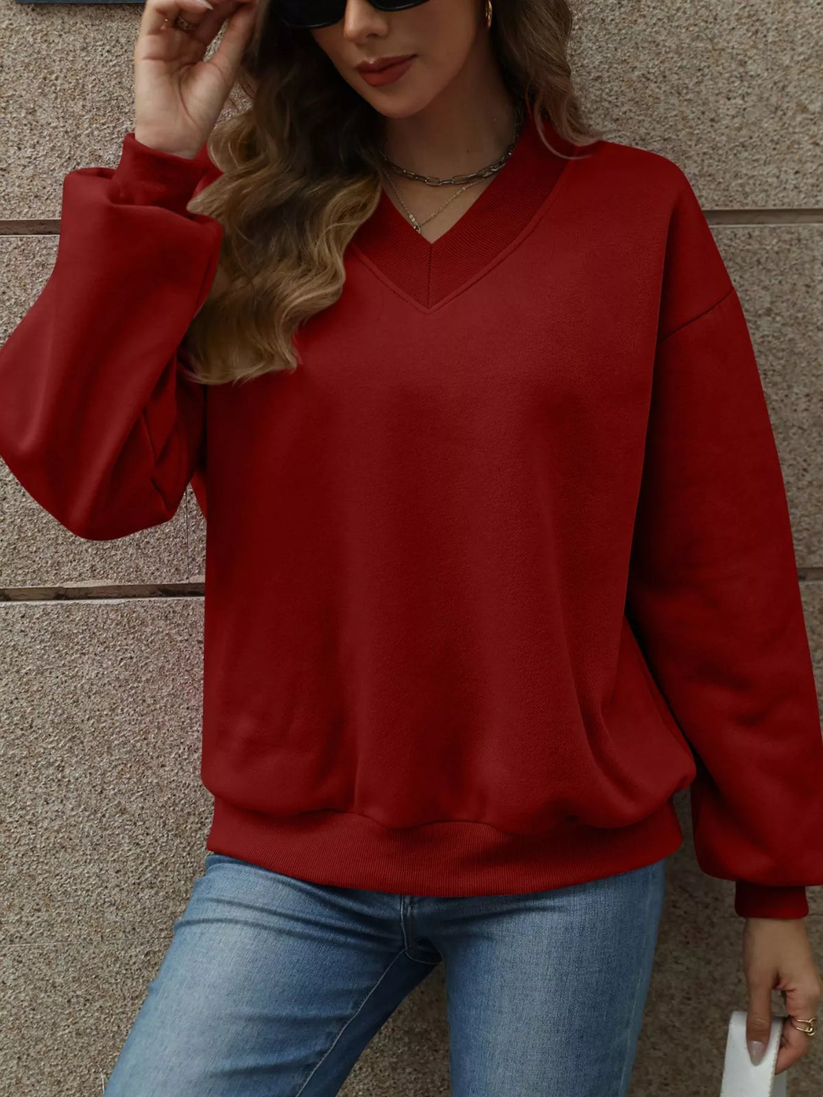 V-Neck Solid Color Casual Sweatshirt