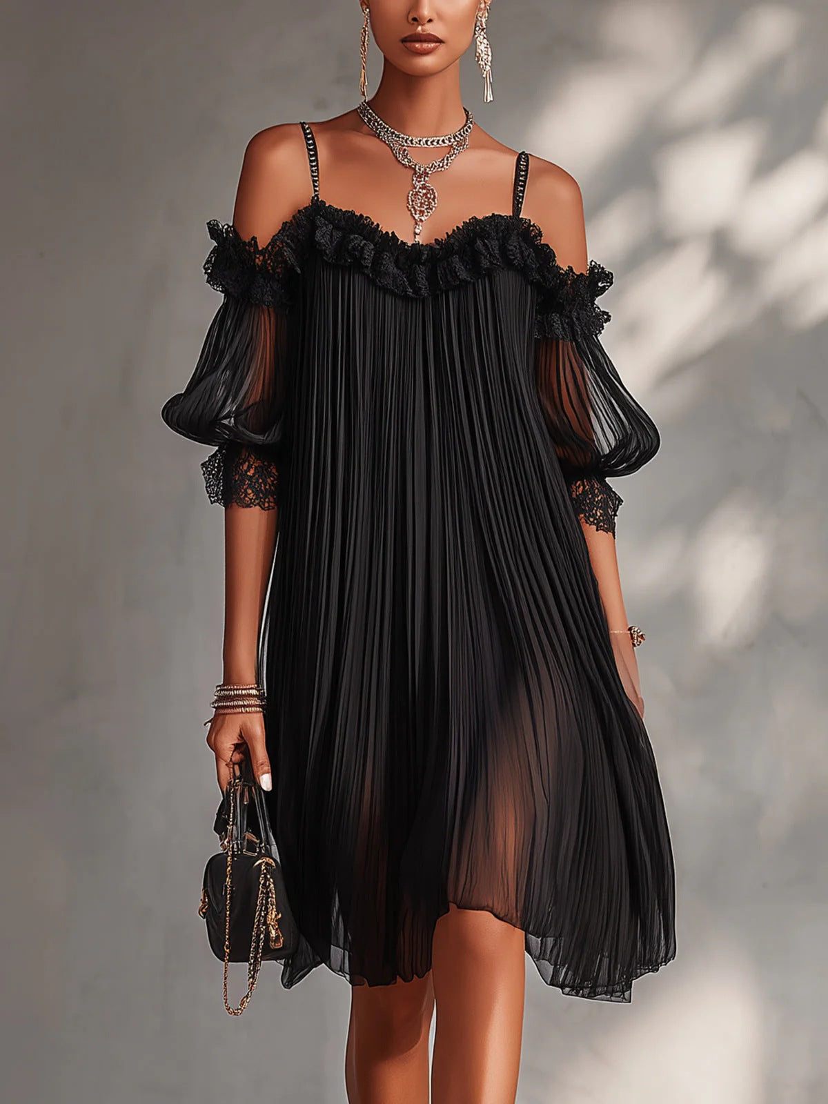 Women's Sexy Sheer Lace Spliced Strap Backless Irregular Mini Dress – Black