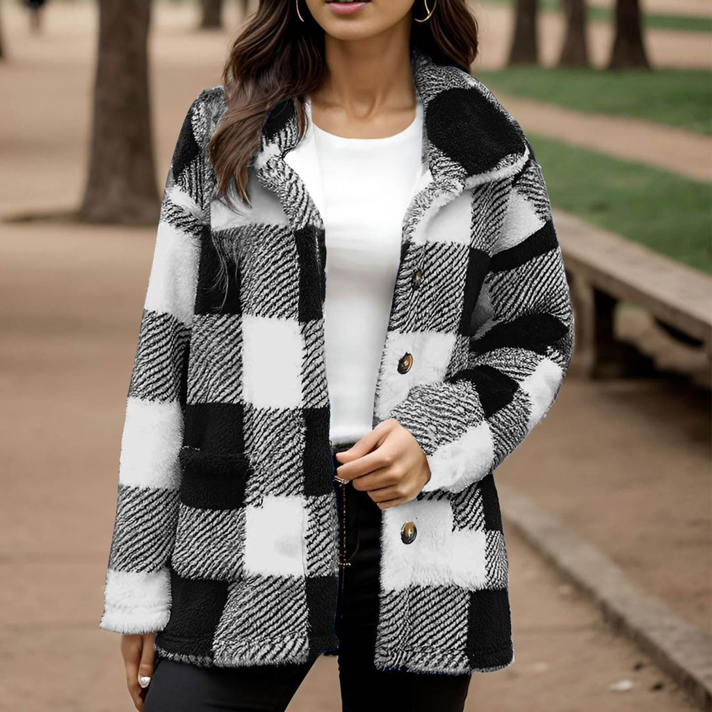 Women's Plaid Plush Button-Front Coat with Pockets