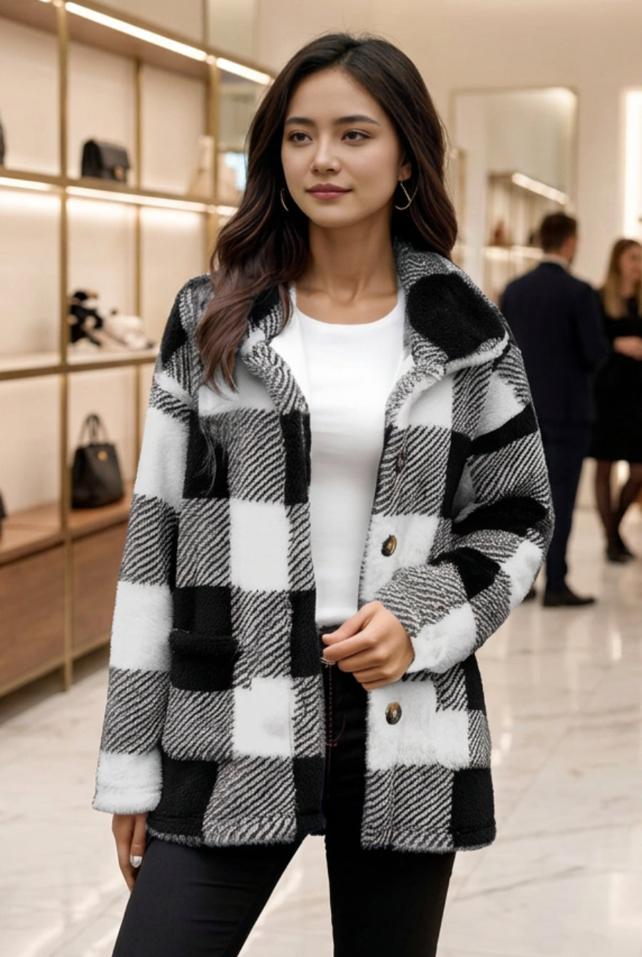 Women's Plaid Plush Button-Front Coat with Pockets