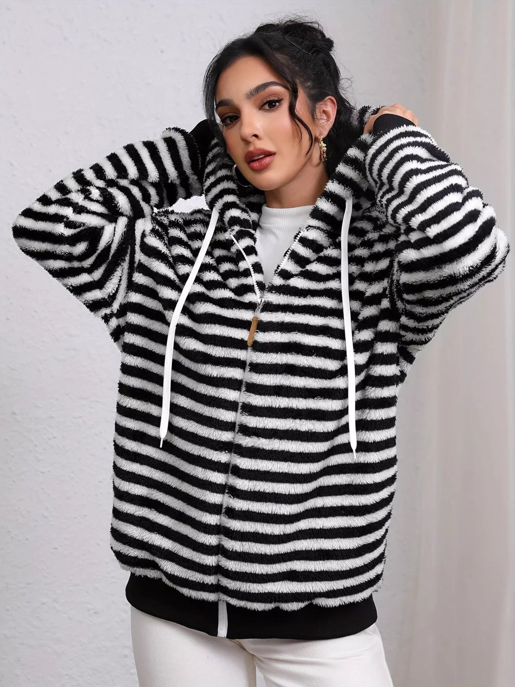 Striped Plush Zip-Up Hooded Outerwear