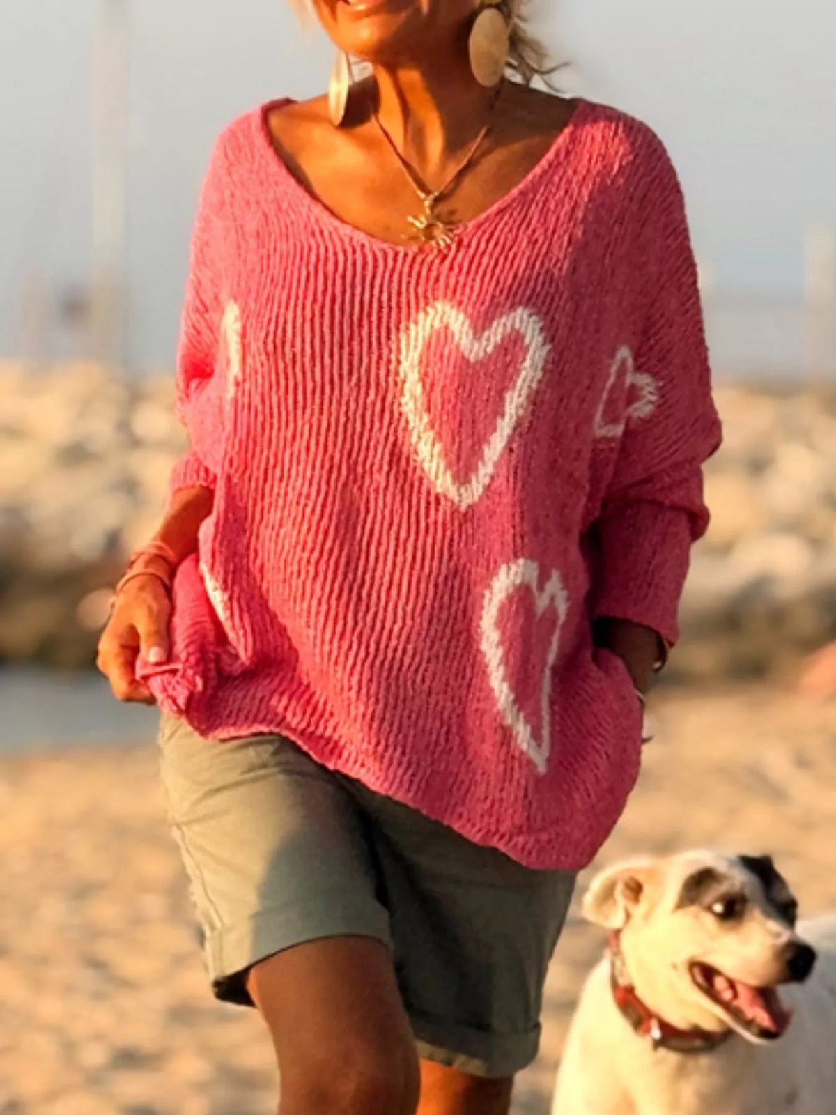 Heart V-Neck Dropped Shoulder Sweater
