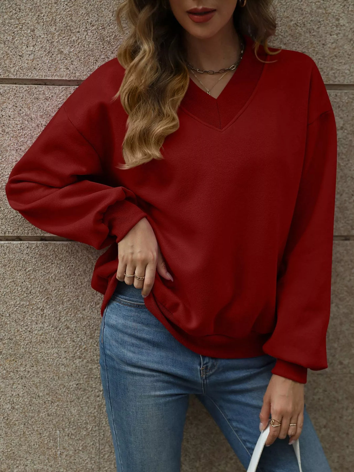V-Neck Solid Color Casual Sweatshirt