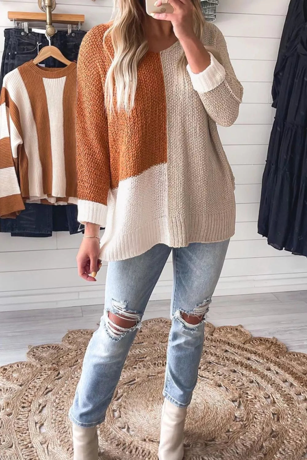 Color Block Knit V Neck Loose Sweater