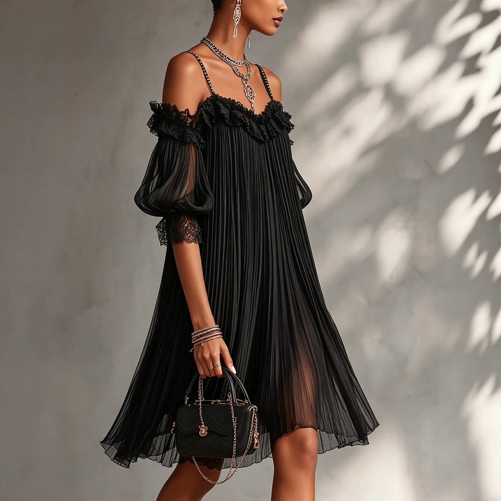 Women's Sexy Sheer Lace Spliced Strap Backless Irregular Mini Dress – Black