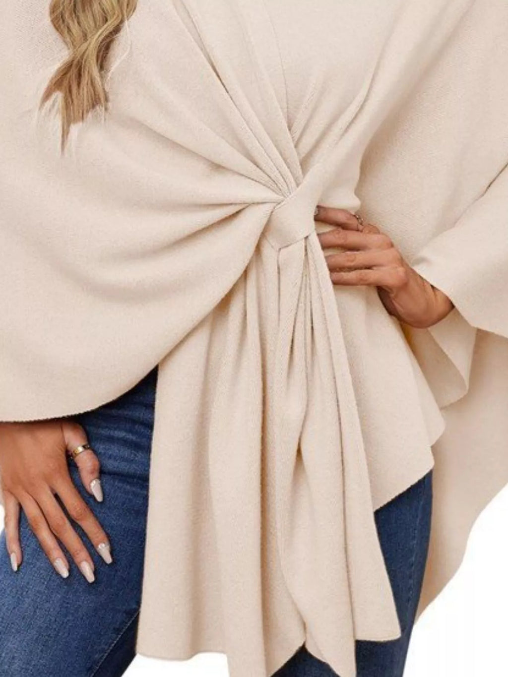 Solid Color Tie-Front Knit Cape Top