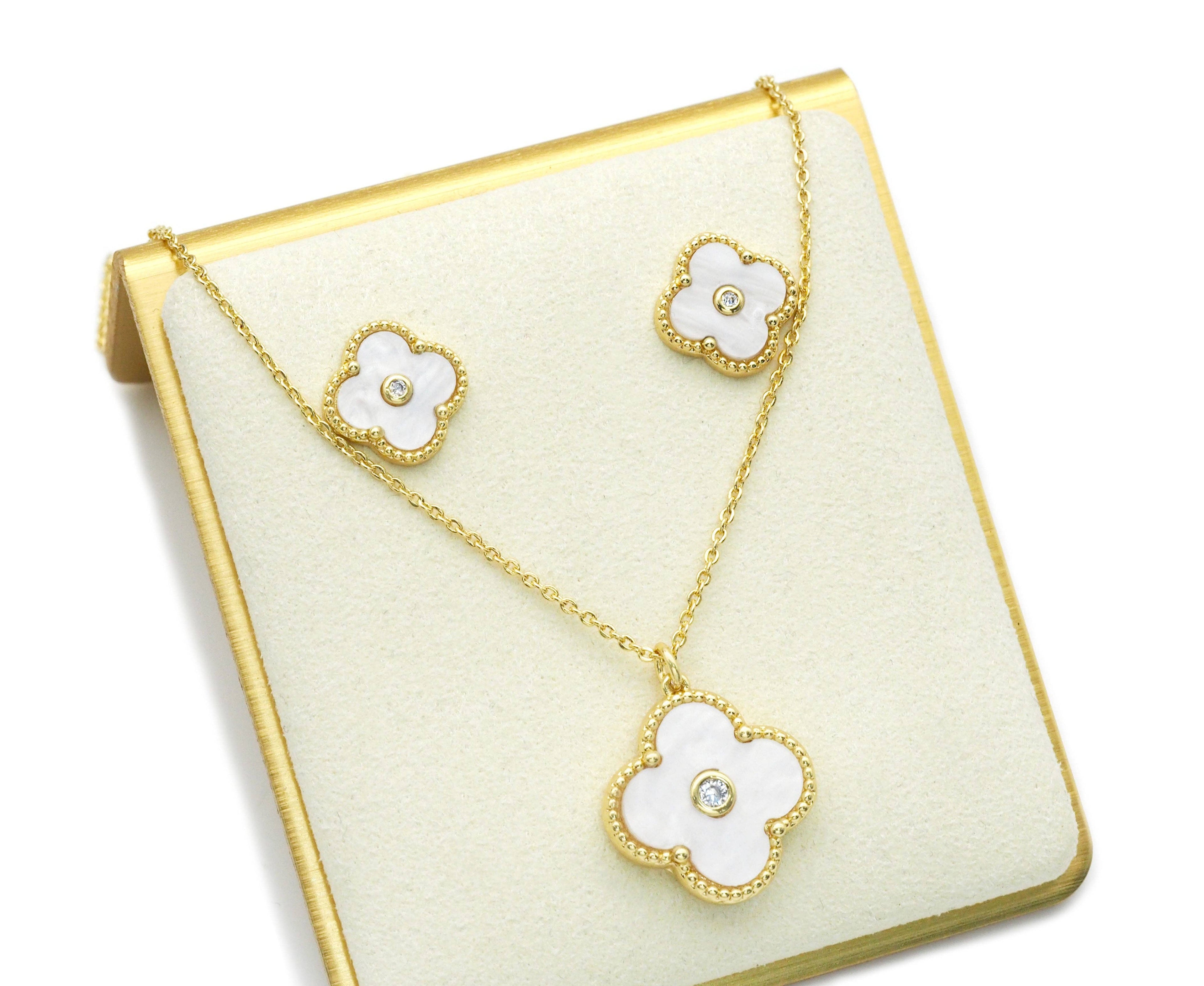 White Mother of Pearl Clover Stud Earrings and Necklace set, Sku#FH207