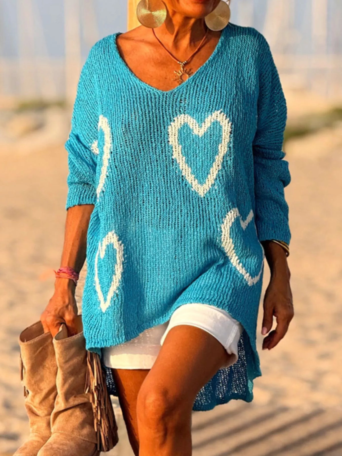 Heart V-Neck Dropped Shoulder Sweater