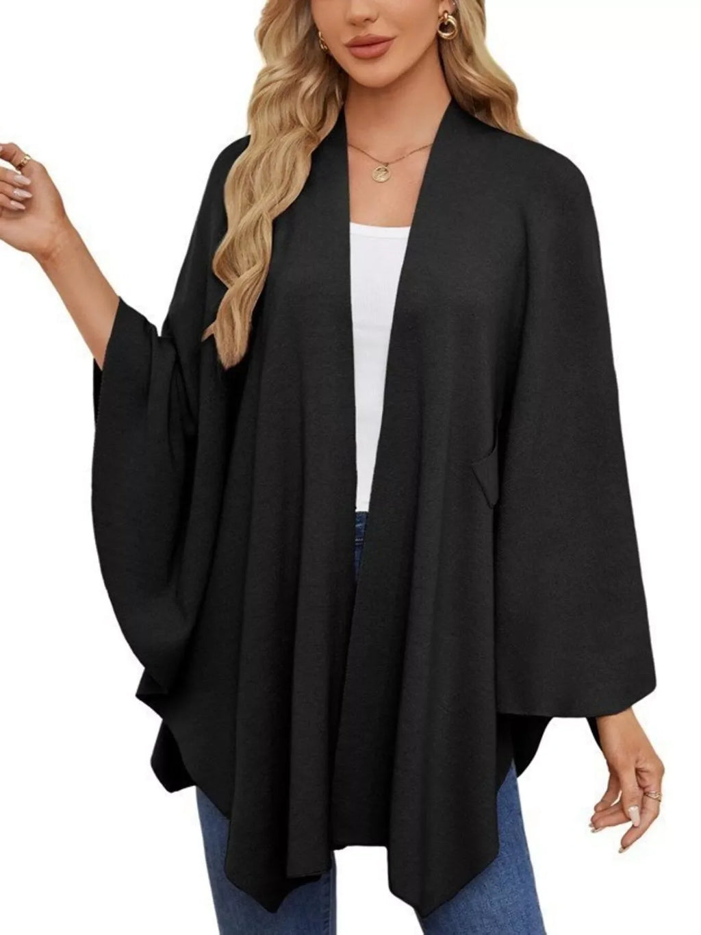 Solid Color Tie-Front Knit Cape Top