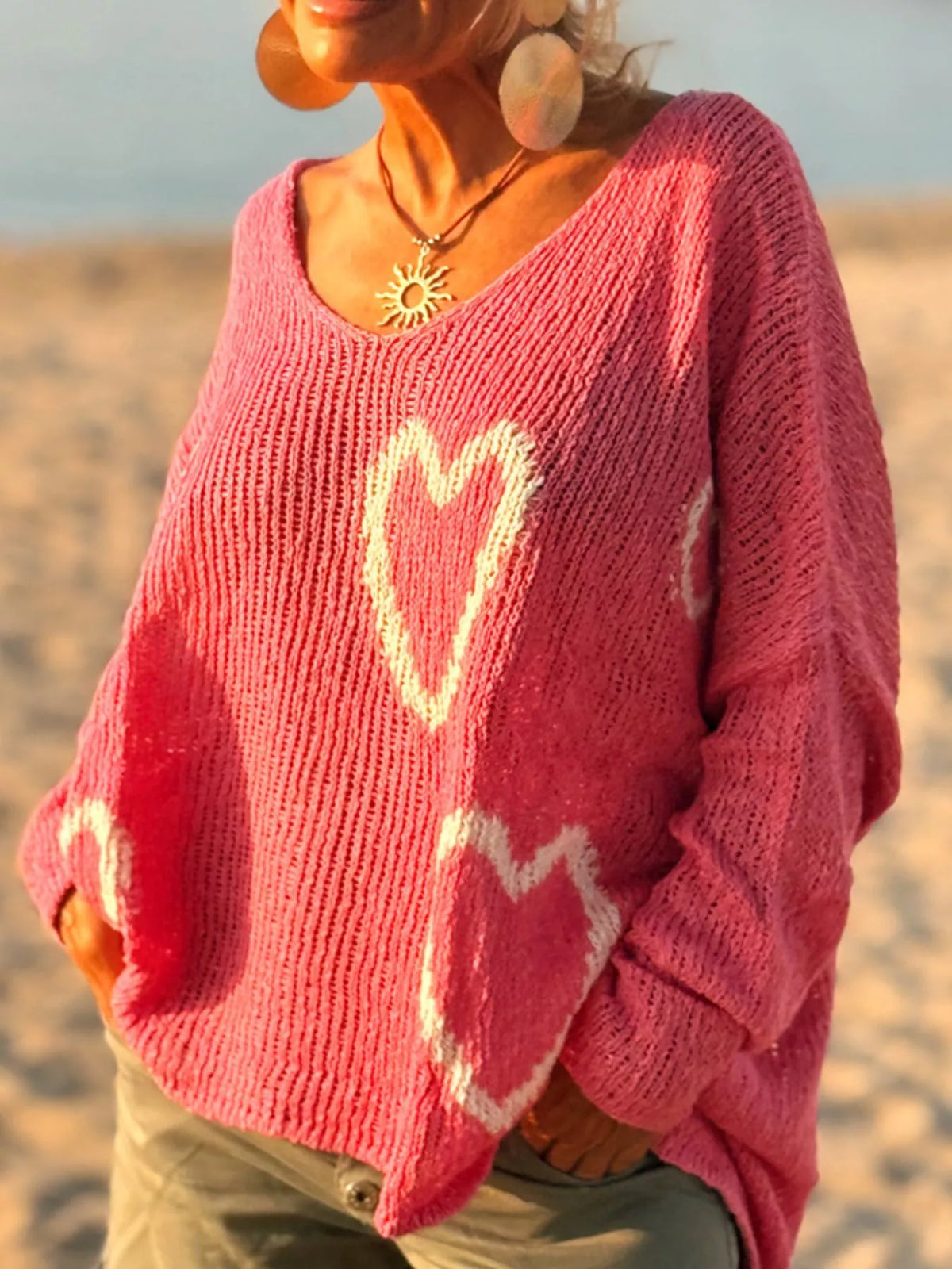 Heart V-Neck Dropped Shoulder Sweater