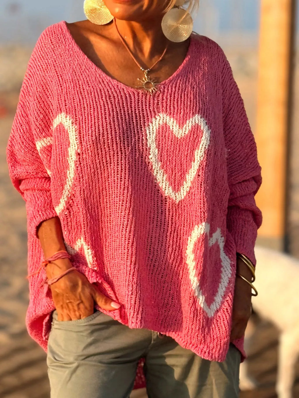 Heart V-Neck Dropped Shoulder Sweater