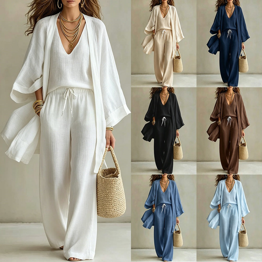 Women's 3-Piece Cardigan, Sleeveless Vest & Wide Leg Pants Set (Copy)
