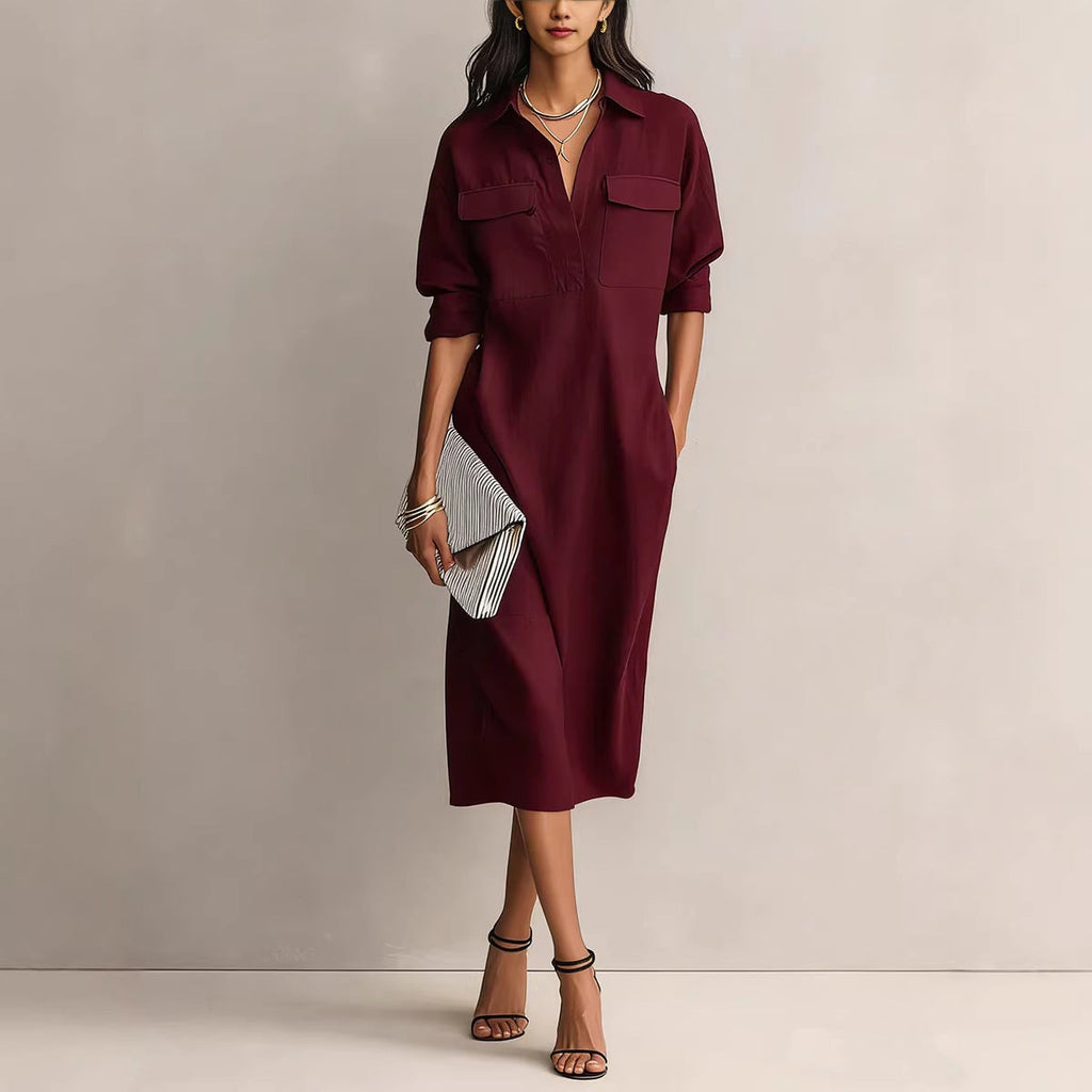 Women's Solid Color Pleated A-Line Midi Dress | Elegant Office Casual Shirt Collar Dress