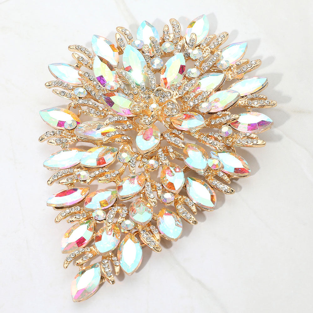 Flower Centered Marquise Stone Cluster Vine Pin Brooch