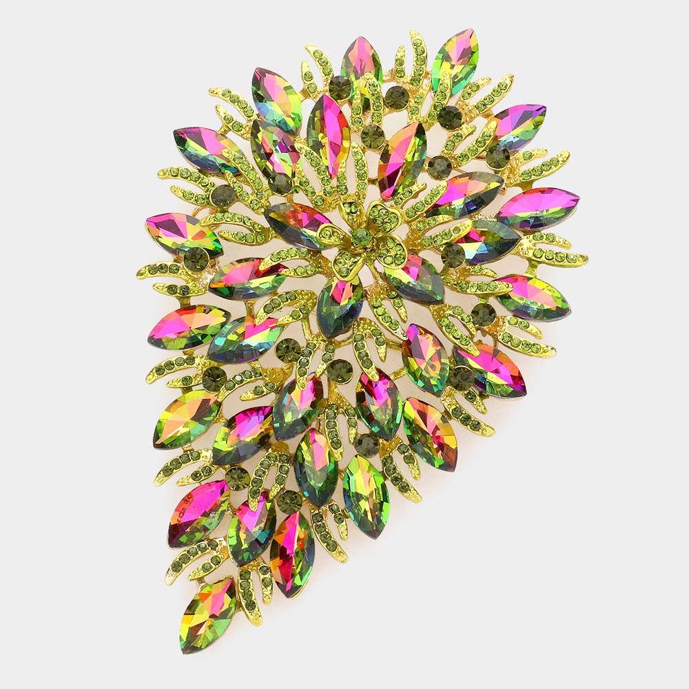 Flower Centered Marquise Stone Cluster Vine Pin Brooch