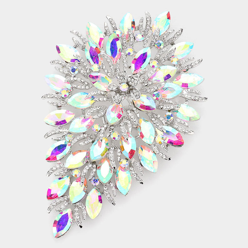Flower Centered Marquise Stone Cluster Vine Pin Brooch
