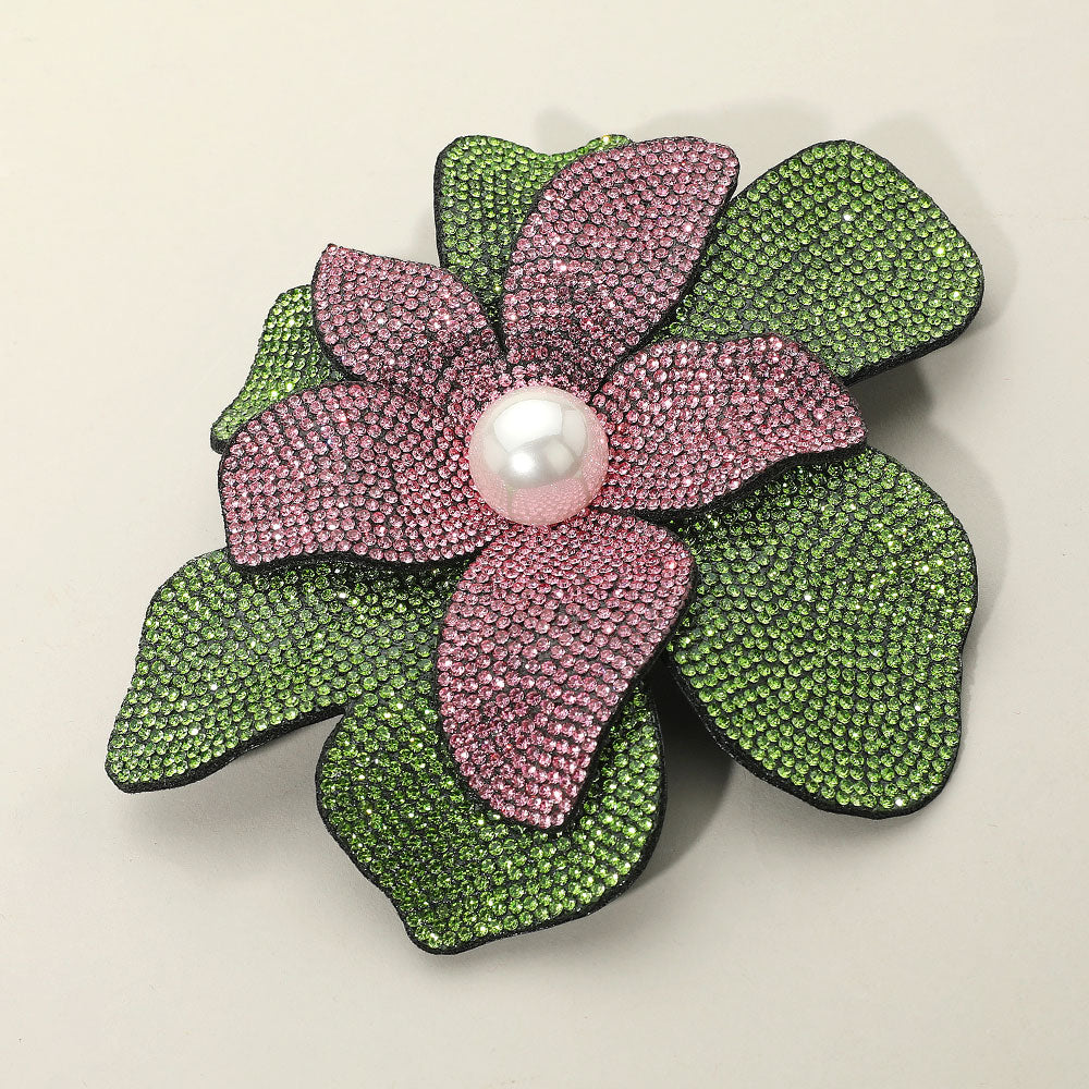 Pearl Accent Bling Studded Flower Pin Brooch Alligator Snap Hair Clip