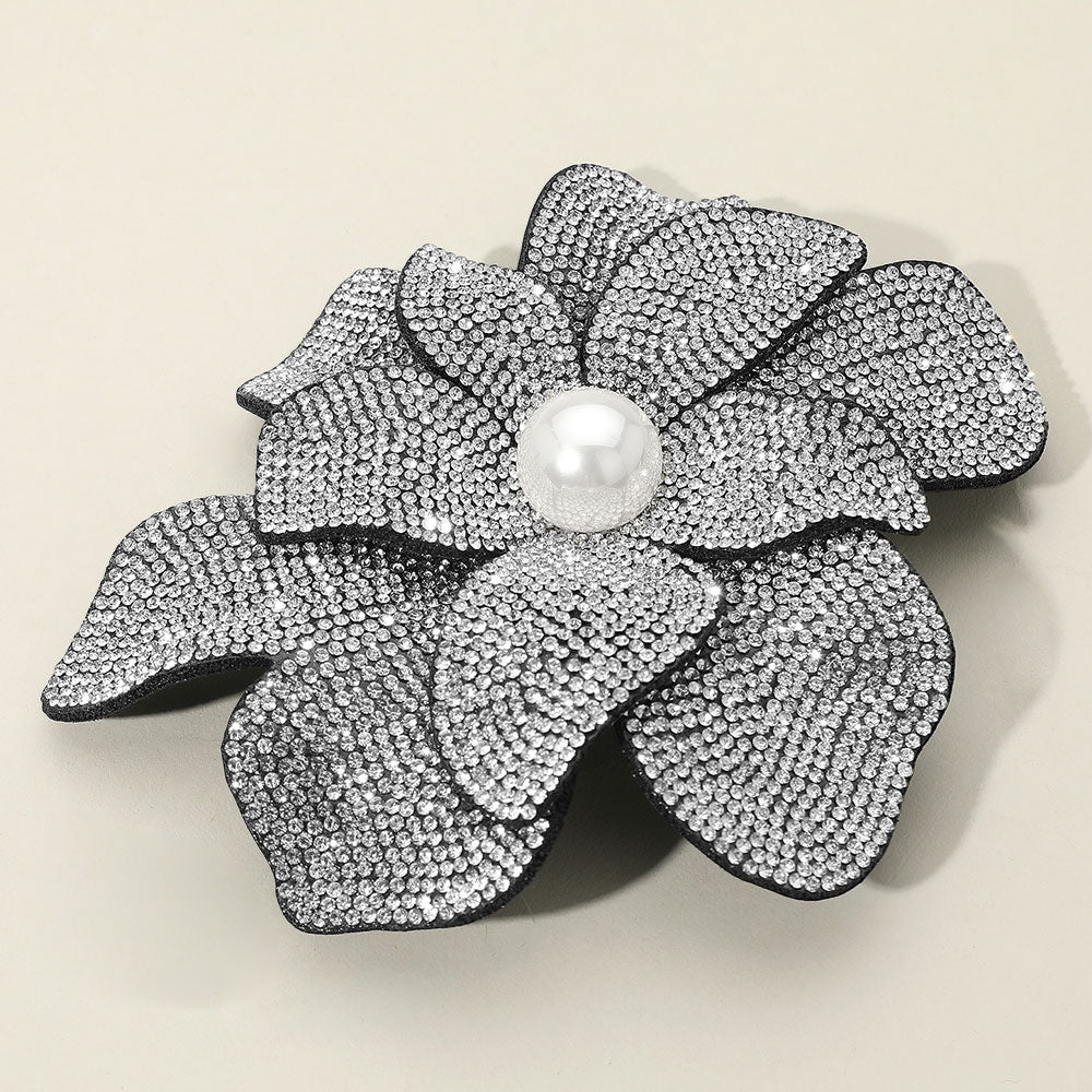 Pearl Accent Bling Studded Flower Pin Brooch Alligator Snap Hair Clip