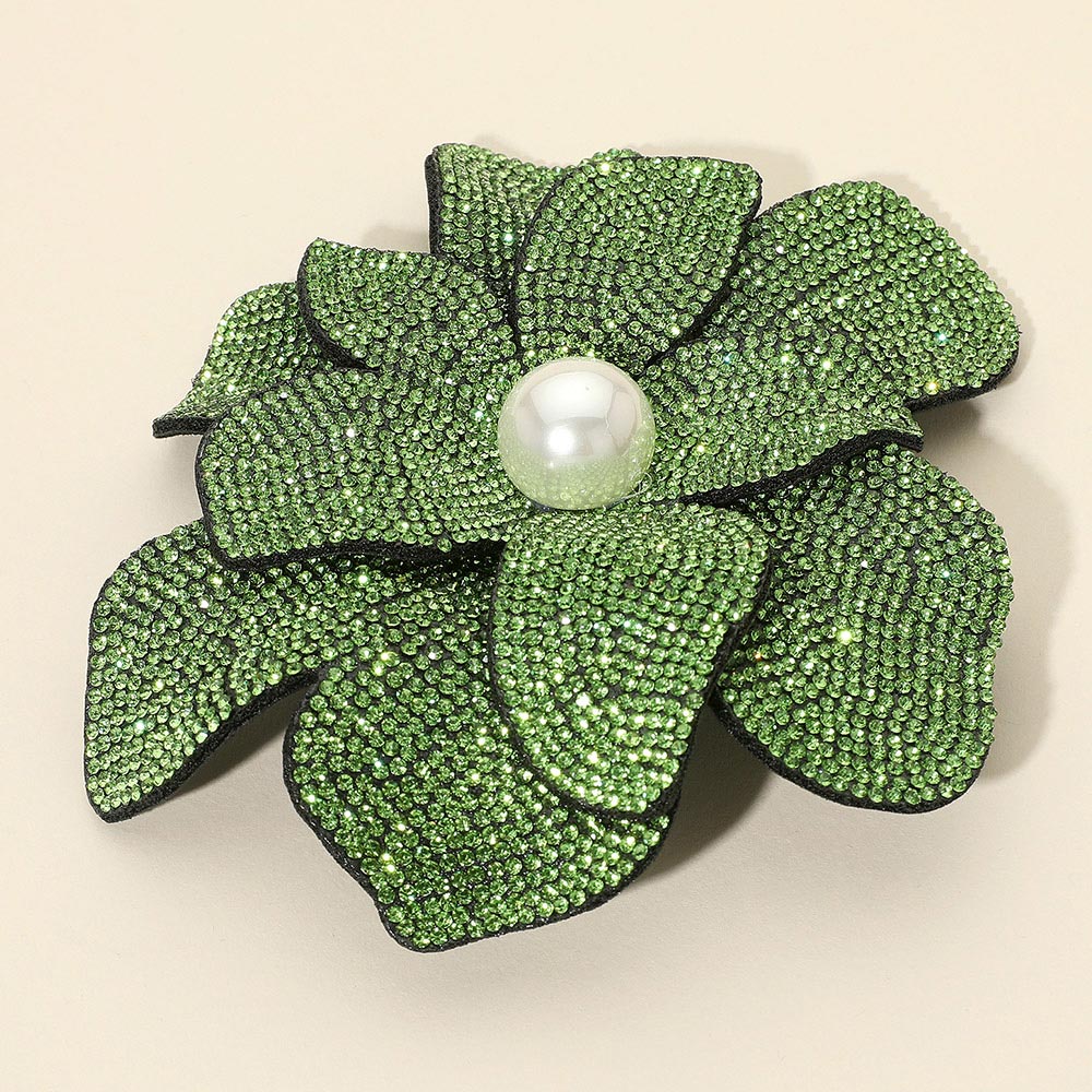 Pearl Accent Bling Studded Flower Pin Brooch Alligator Snap Hair Clip