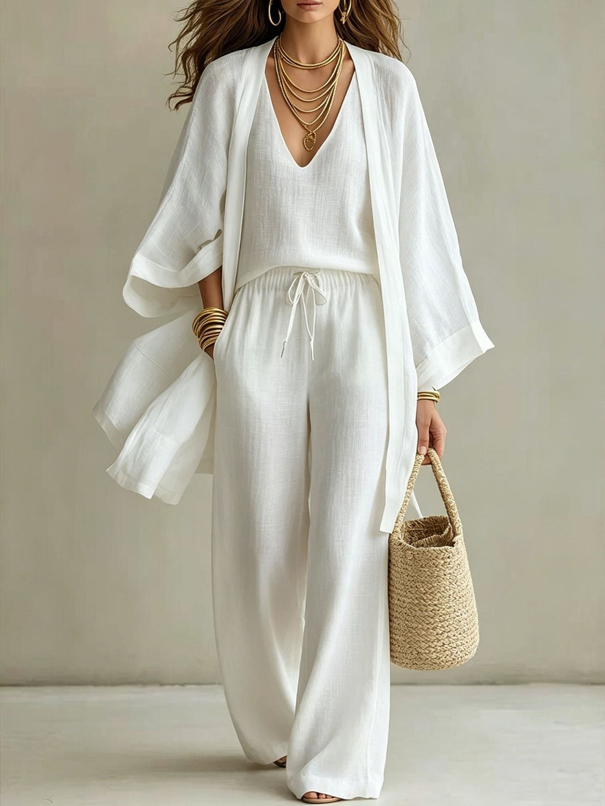 Women's 3-Piece Cardigan, Sleeveless Vest & Wide Leg Pants Set (Copy)