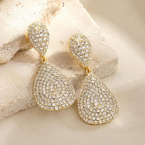 Crystal Rhinestone Pave Double Teardrop Evening Earrings