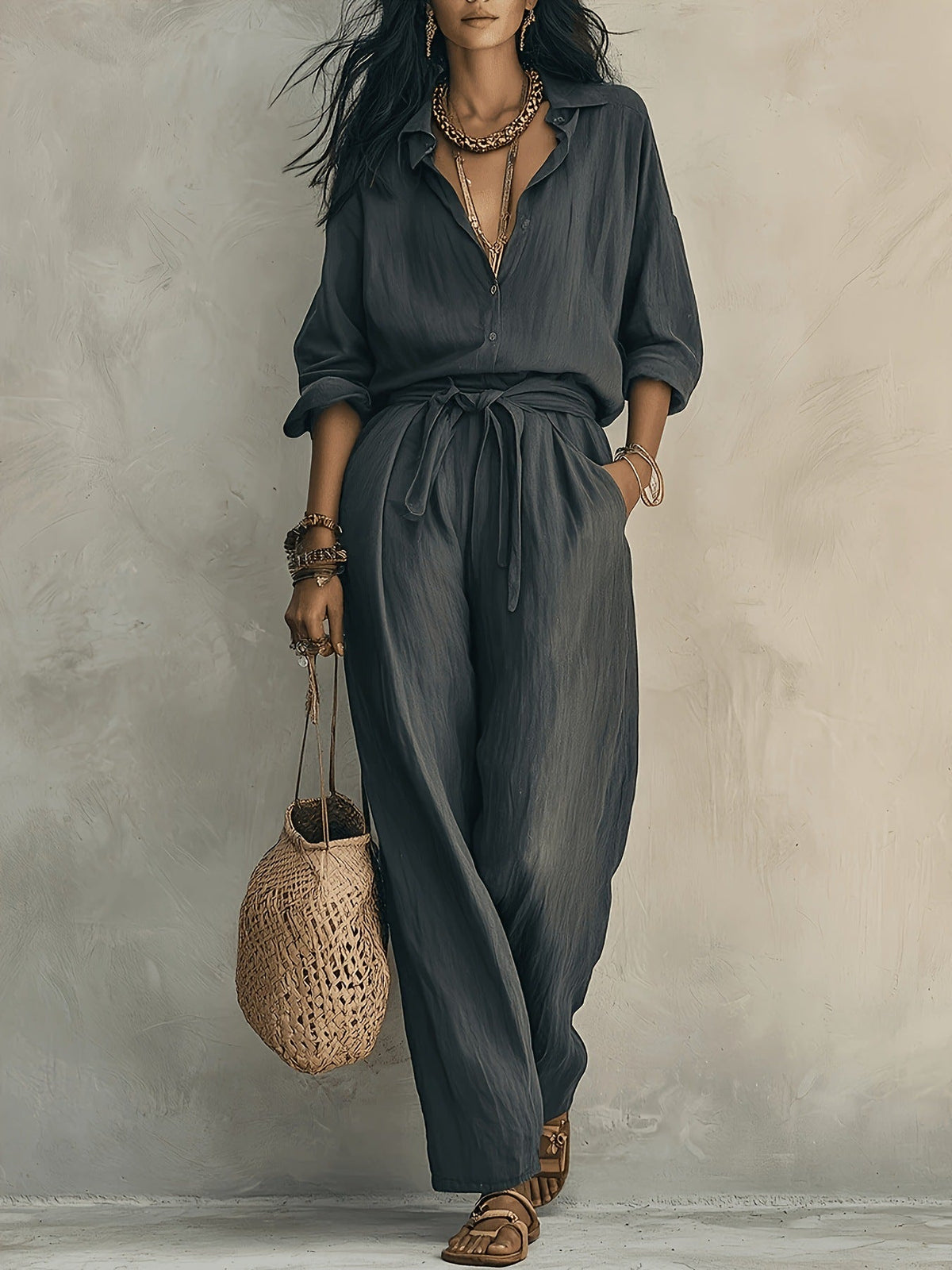 Linen-Look Shirt & Wide-Leg Trouser Set | Drawstring Waist 2-Piece | Gray