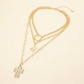 Hammered Metal Pearl Center Cross Bible Book Open Heart Pendant Accent Layered Statement Necklace