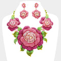 Crystal Pave Rose Flower Accented Evening Necklace