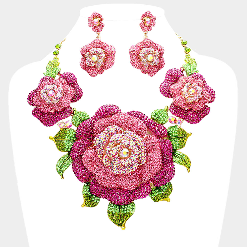 Crystal Pave Rose Flower Accented Evening Necklace
