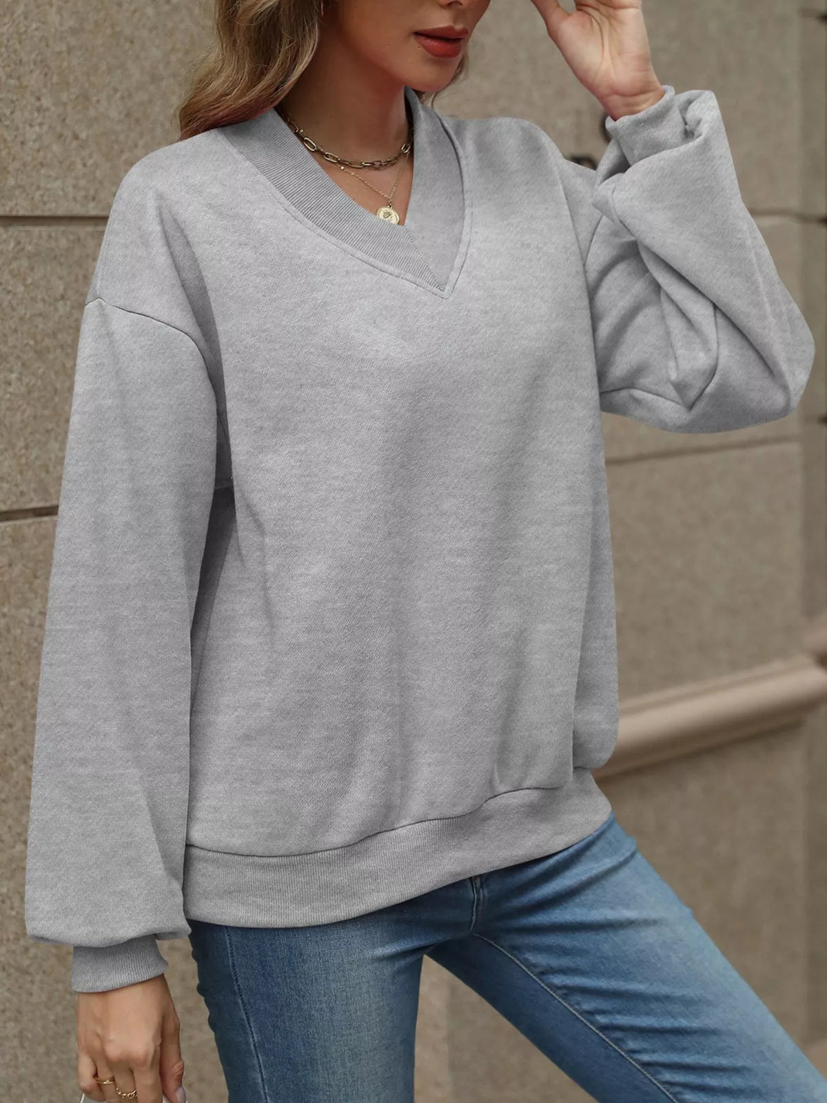 V-Neck Solid Color Casual Sweatshirt