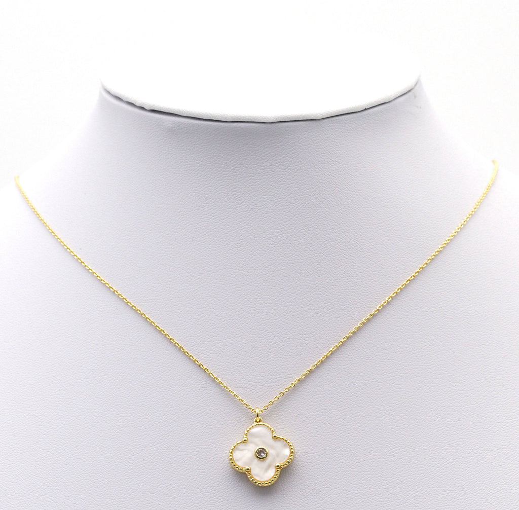 White Mother of Pearl Clover Stud Earrings and Necklace set, Sku#FH207