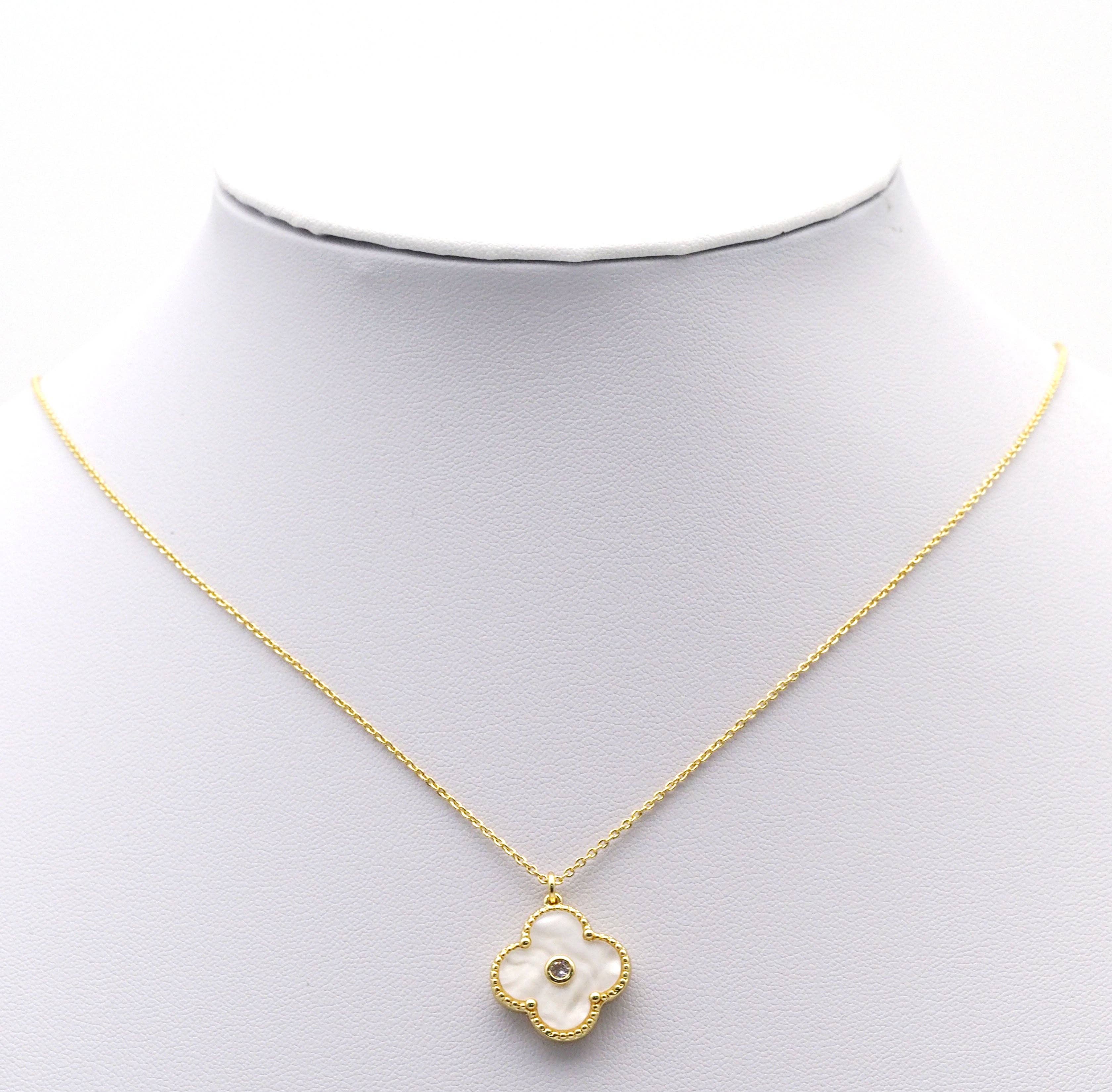 White Mother of Pearl Clover Stud Earrings and Necklace set, Sku#FH207