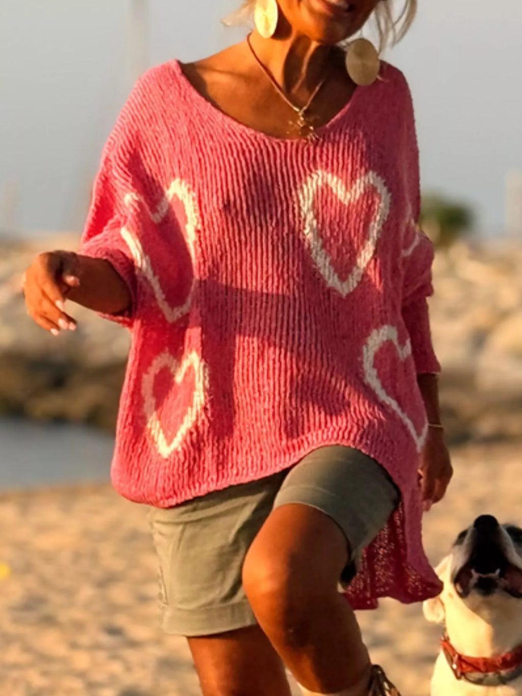 Heart V-Neck Dropped Shoulder Sweater