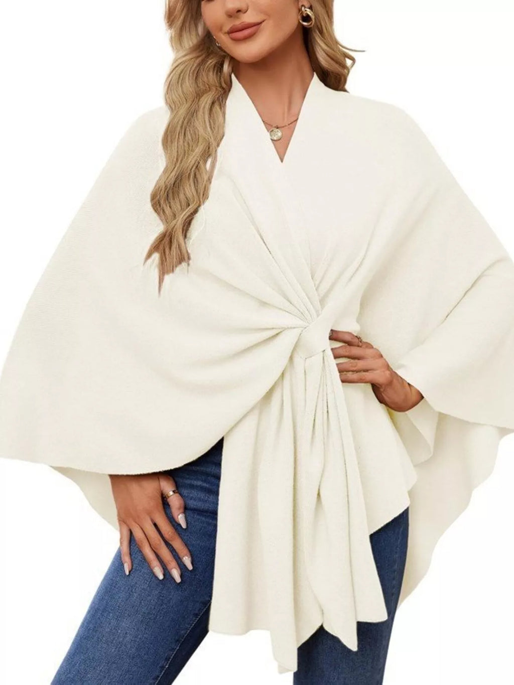 Solid Color Tie-Front Knit Cape Top