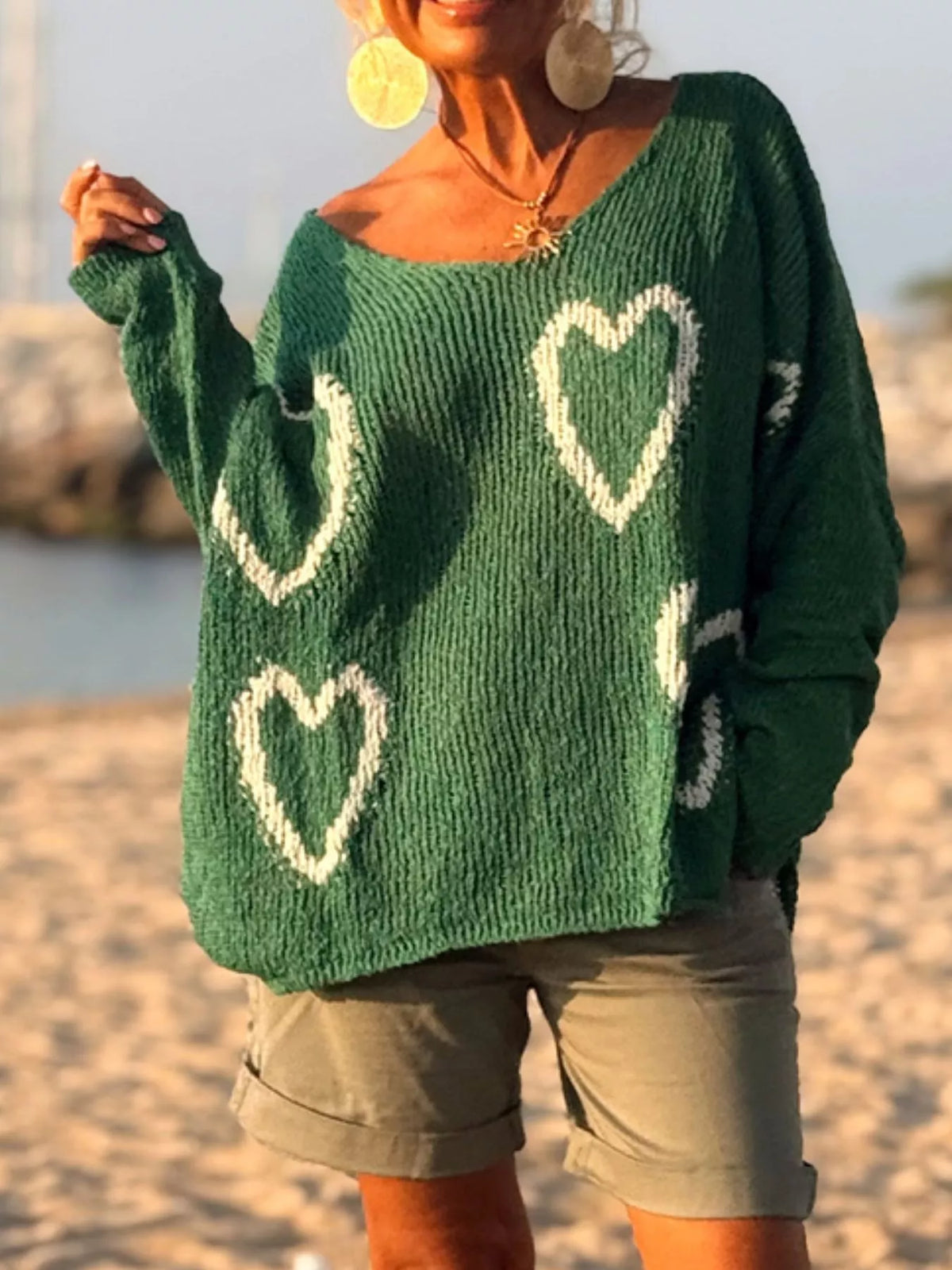 Heart V-Neck Dropped Shoulder Sweater